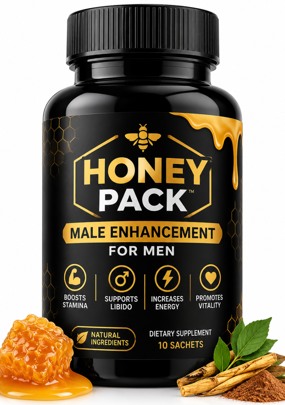 Original supplied Honey Pack bottle showing its front label