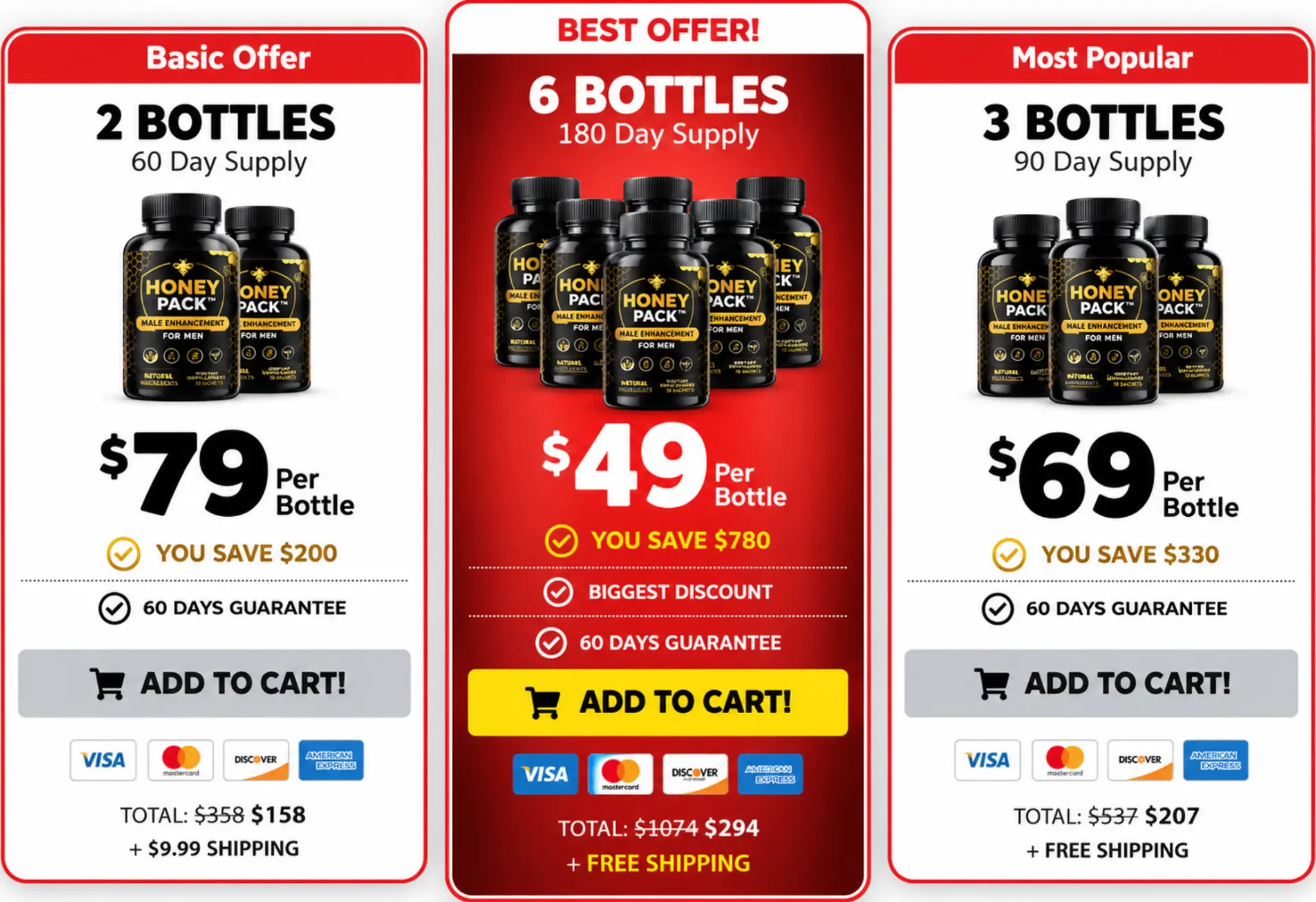 Seller-supplied Honey Pack offer graphic showing two-, three-, and six-bottle bundles