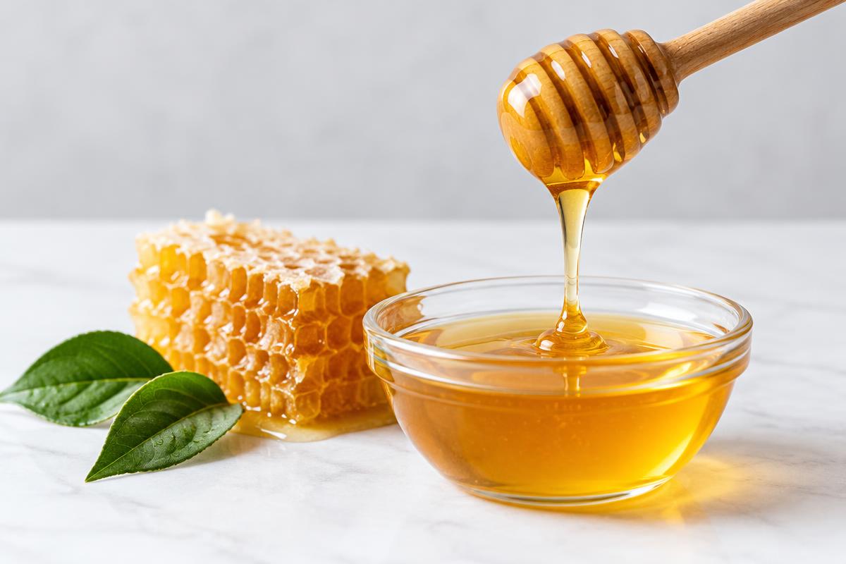 Honey dipper over a glass bowl of honey beside honeycomb, illustrating the difference between food honey and supplement claims